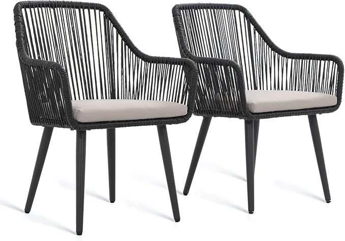 JOIVI Patio Dining Chairs Set of 2, Outdoor Rattan Chairs with Armrest and Cushions for Outside Lawn, Garden, Backyard, Indoor, Outdoor Dining Chairs, 350lb Weight Capacity, Black Patio Chairs