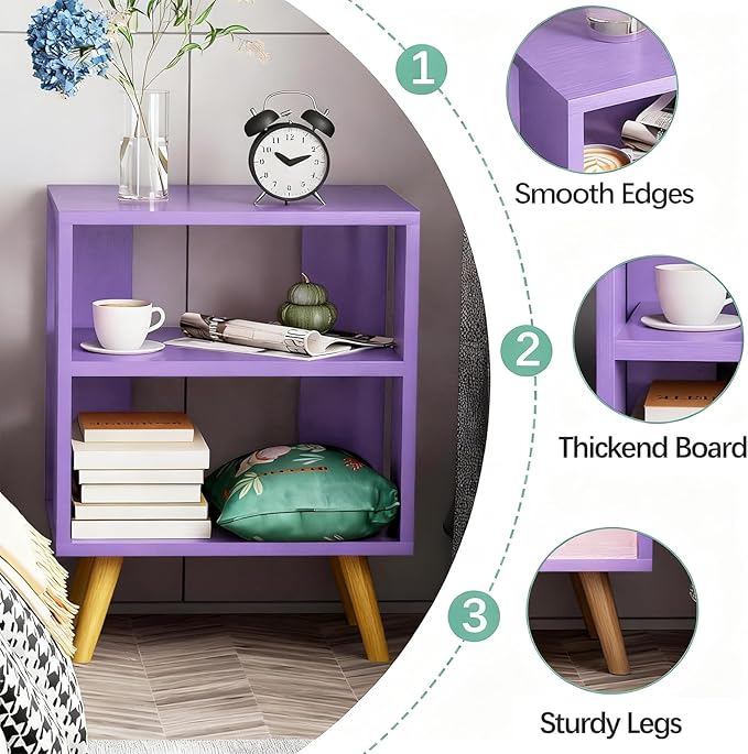Night Stand, Purple Kids Nightstand, Modern End Table with Open Storage, 2-Tier Nursery Bedside Table for Small Space, Living Room, Bedroom