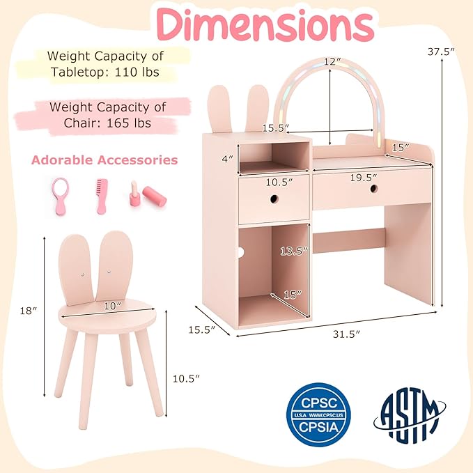 Costzon Kids Vanity, Girls Vanity Set with Mirror and Stool and Lights, Drawers & Storage Compartments, Toddler Makeup Vanity Desk Dressing Table, Wooden Kids Vanity Table and Chair Set (Pink)