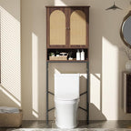 Rattan Toilet Storage Cabinet, Over The Rack Wood Cabinet with Metal Stand, Bathroom Organizer with Adjustable Shelf, Space Saving Cupboard for Small Bathrooms, Washer Shelf, Dark Brown