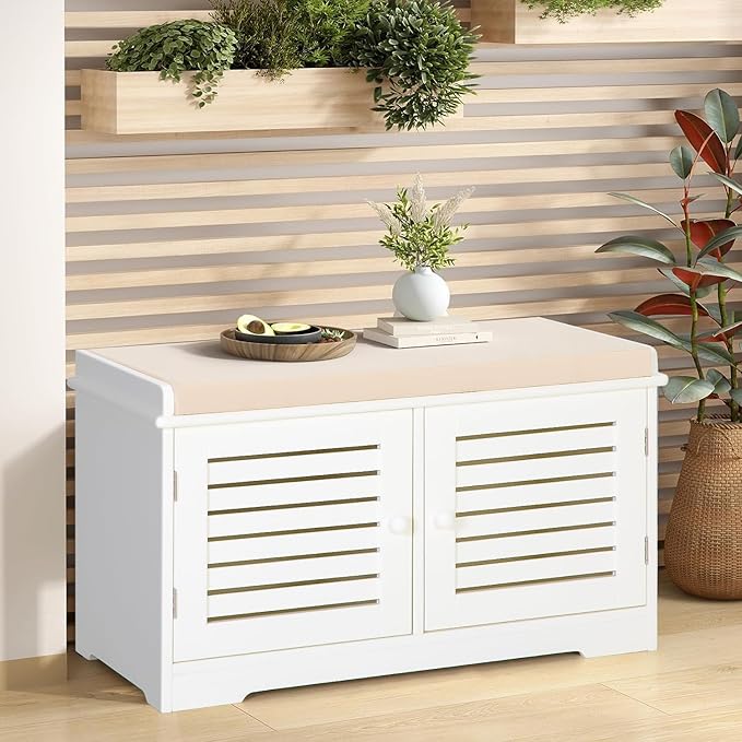 MFSTUDIO Shoe Storage Bench, White Shoe Entryway Bench with Seating Padded Cushion, 2 Doors, Adjustable Shelf, Freestanding Shoe Rack Organizer for Entryway Hallway Living Room Bedroom, Beige Cushion