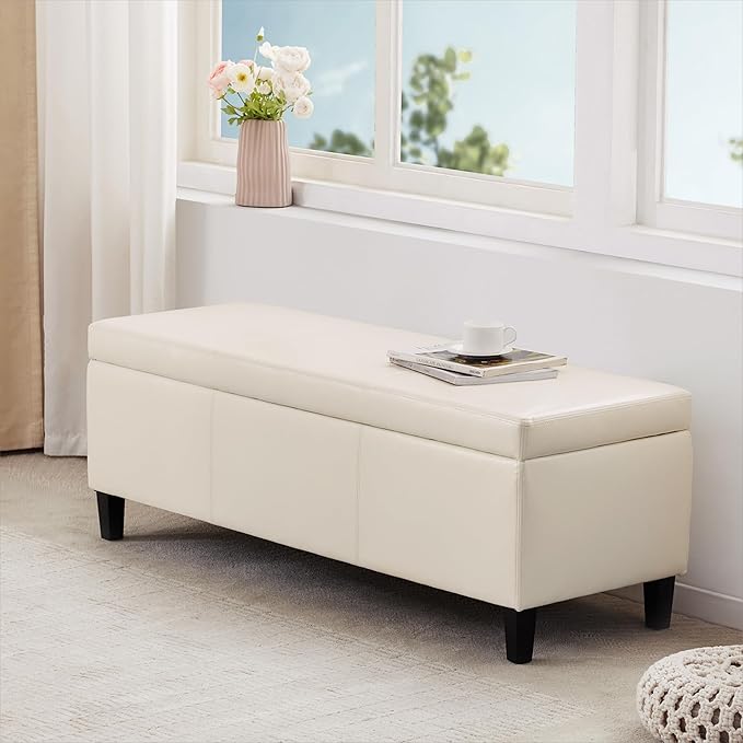 HUIMO Faux Leather Storage Ottoman Bench 50.3 inch Extra Long Upholstered Bedroom Bench with Large Storage Space for The Living Room, Entryway, Bedroom Hold Up to 300lbs (Cream)