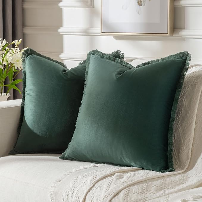 FUTEI Christmas Army Green Velvet Decorative Throw Pillow Covers 26x26 Set of 2,Soft Cozy Edge with Tassels Euro Pillow Shams,Boho Modern Home Decor for Couch Bed Living Room
