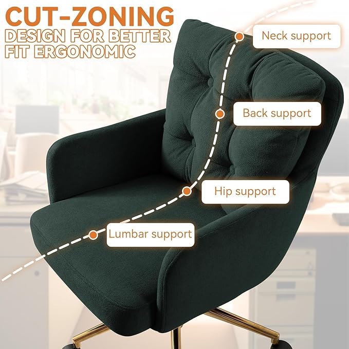 Velvet Office Chair, Comfy Home Office Desk Chairs with Lumbar Support, Modern Velvet Desk Chair Gold Legs Small Swivel Task Chair for Home Office, Bedroom, Study (Green, L)