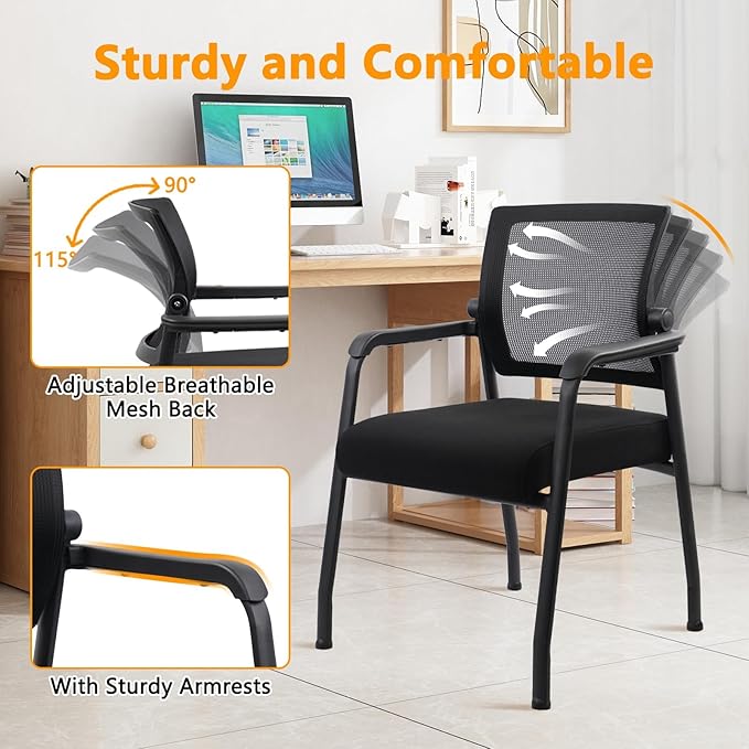 Office Guest Chairs No Wheels | Ergonomic Lumbar Support and Thicked Seats Cushion, Desk Chair with Adjustable Mesh Back for Waiting Room School Church Reception，Black