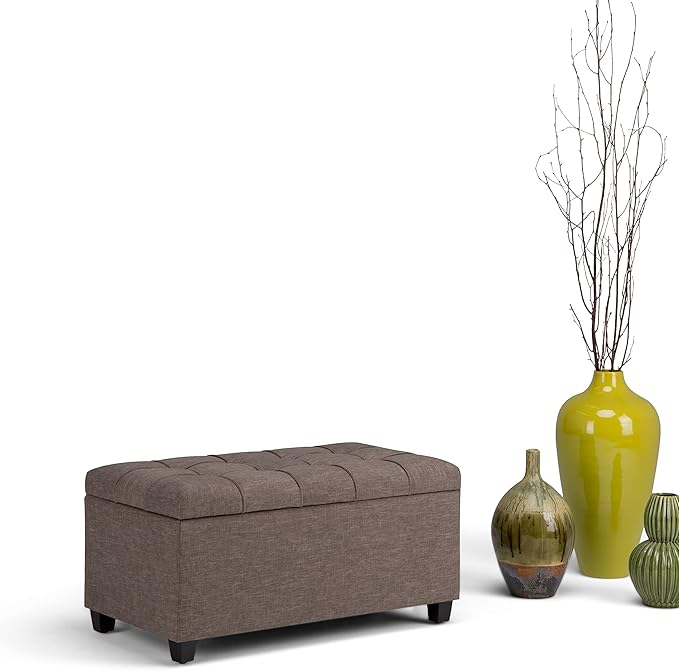 SIMPLIHOME Sienna 33 inch Wide Transitional Rectangle Storage Ottoman Bench in Fawn Brown Linen Look Fabric, Assembled, For the Living Room, Entryway and Family Room