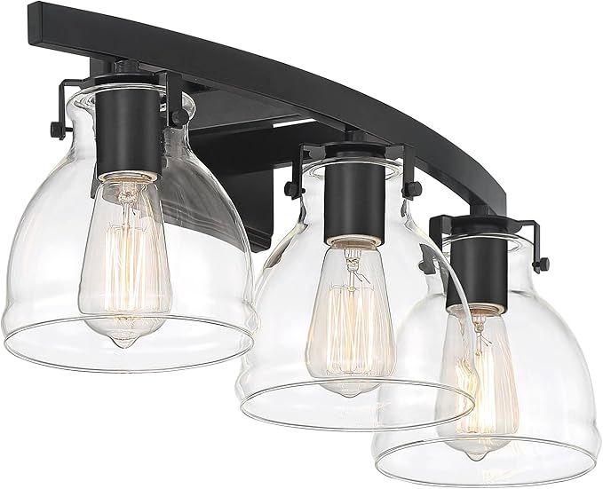 Possini Euro Design Bellis Modern Industrial Wall Light Black Hardwired 22 3/4" 3-Light Fixture Clear Curving Glass Shade for Bedroom Bathroom Vanity Living Room Home Hallway Dining Kitchen House