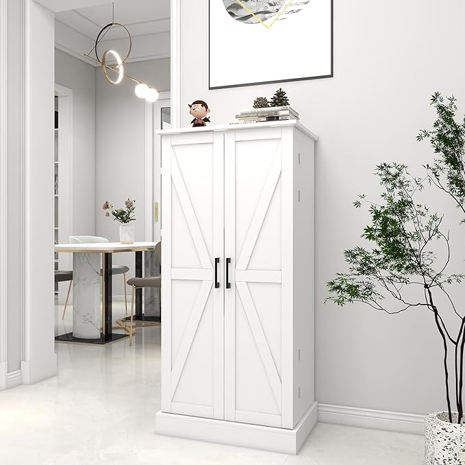 Kitchen Pantry Storage Cabinet w/LED, 50" Pantry Cabinets w/Doors and Adjustable Shelves, Freestanding Pantry Cupboard for Kitchen, Dinning Room, Living Room, Small Place, White