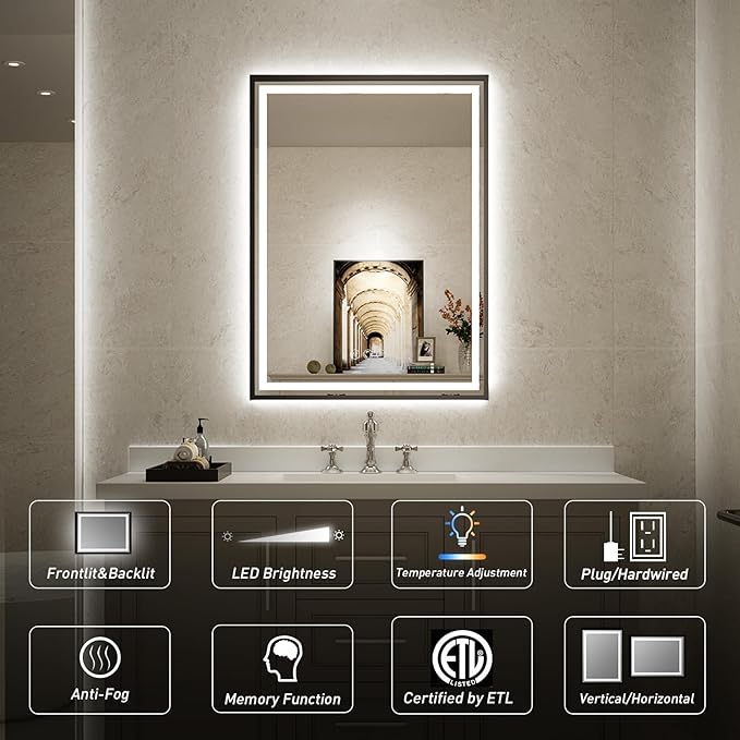 LED Bathroom Mirror, 20x28 Inch Frontlit & Backlit Black Framed Lighted Mirror,Wall Mouted Vanity with Lights,Double Lights Strips,Anti Fog Stepless 3 Colors Temperature & Dimmable