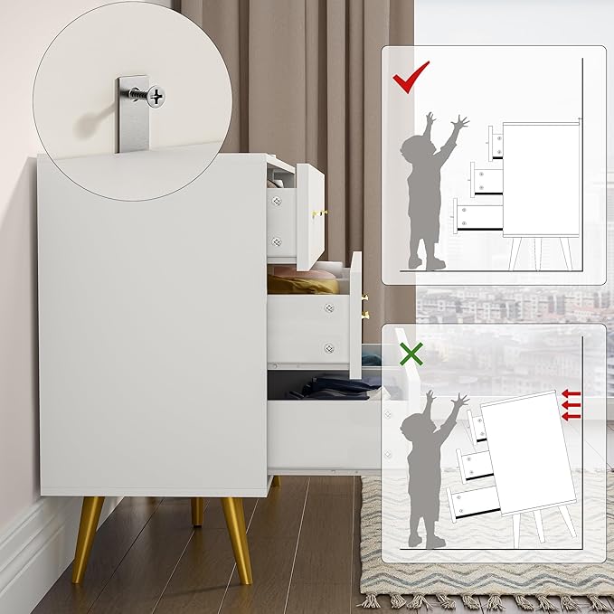 White Dresser for Bedroom with Gold Handles, 6 Drawer Wood Dresser Modern Chest of Organizer Storage Drawers for Hallway, Living Room, TV Stand