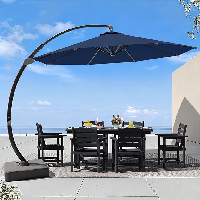 7 Piece Patio Dining Set with 11ft Patio Umbrella (Navy), 7 Black Outdoor HDPE Dining Set with 6 Chairs + 1 Large Table with 2" Umbrella Hole, for Market, Pool, Garden, Backyard, Deck