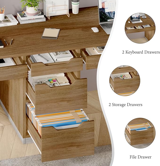 Two Person Desk with 5 Drawers, Double Desk with Storage for 2 People, 78 Inch Extra Long Computer Desk Workstation with File Drawer for Home Office, Brown