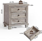 Farmhouse Nightstand with 3 Drawers, Rustic Couch End Table with 4 Square Solid Wood Legs, Mid-Century Vintage Bed Side Table with Storage, Small Dresser for Bedroom, Living Room, Grey