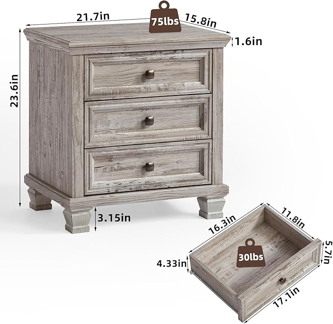 Farmhouse Nightstand Set of 2, Rustic Accent End Table with 3 Drawers & 4 Square Solid Wood Legs, Vintage Bed Side Table with Storage, Small Dresser for Bedroom, Living Room, Grey