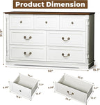 Farmhouse 7 Drawer Dresser for Bedroom, 52" Wide Rustic Chest of Drawers with Retro Handle, White Dresser with Natural Texture, Wood Vintage TV Stand for Living Room, Hallway, Antique White