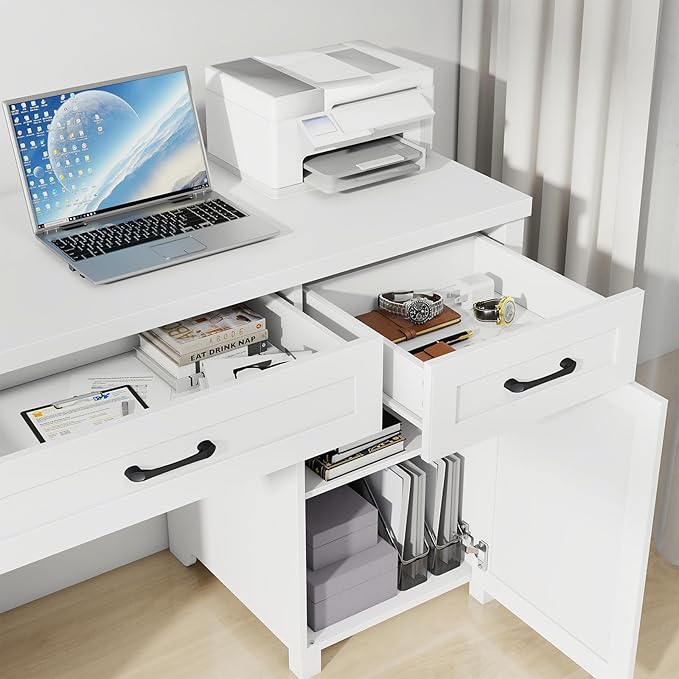 Farmhouse 61'' Executive Desk with 5 Drawers, Rustic Office Desk Computer Desk with Charging Station, File Drawers and Storage Cabinet, Wood Workstation for Study and Home Office,(Cream White.)