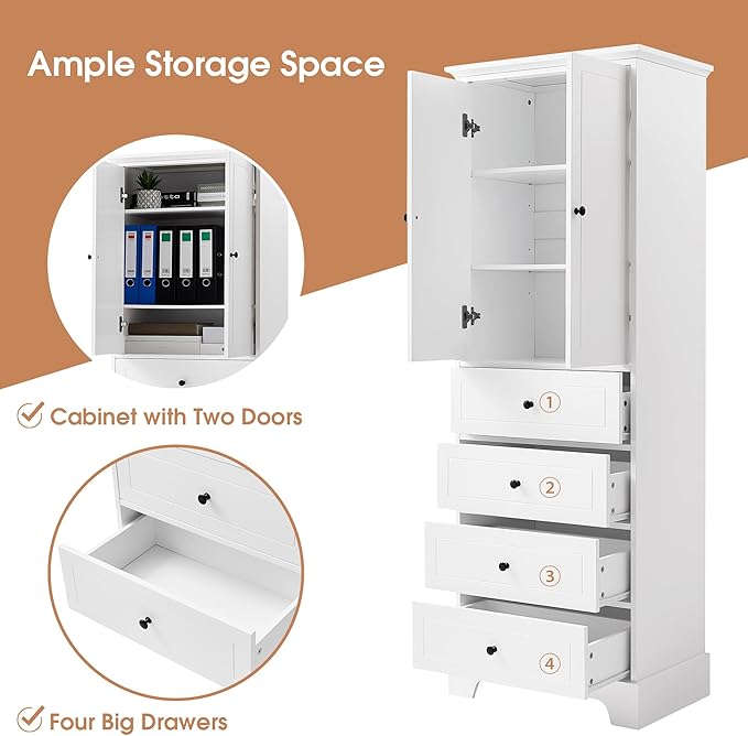 P PURLOVE Bathroom Storage Cabinet with 2 Doors and 4 Drawers,Tall Bathroom Cabinet Standing,Wood Freestanding Bathroom Cabinet for Kitchen,Living Room,White