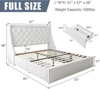 Full Size Upholstered Platform Bed Frame with 4 Storage Drawers and Charging Station, Linen Button Tufted Wingback Headboard, Sturdy Wooden Support Slats, No Box Spring Needed, White