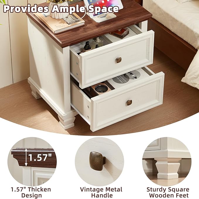 Farmhouse Nightstand Set of 2, Rustic Low Nightstands with 2 Drawers & Charging Station, Vintage Night Stands with 4 Square Solid Wood Legs, Small Dresser for Bedroom, Home, White
