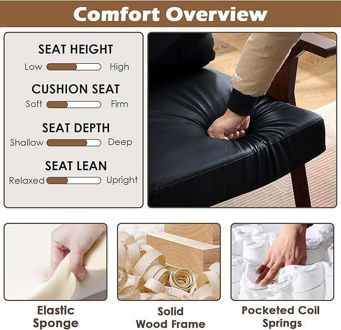 STHOUYN Black Leather Office Accent Chair Set of 2, Office Lounge Chair with Wooden Arms, Mid Century Modern Chair, Side Arm Chairs for Living Room, Comfy Guest Waiting Room Chairs (2, Black)
