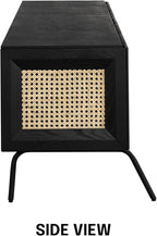 NTC Mossic TV Media Cabinet with 4 Doors for TVs, Entertainment Center with Natural Rattan, Metal Legs, Modern Storage Console for Living Room and Bedroom, Effortless Assembly, Burnt Black