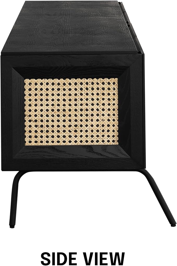 NTC Mossic TV Media Cabinet with 4 Doors for TVs, Entertainment Center with Natural Rattan, Metal Legs, Modern Storage Console for Living Room and Bedroom, Effortless Assembly, Burnt Black