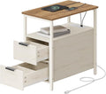 VASAGLE Side End Table with Charging Station, Slim Nightstand with 2 Drawers, Narrow Bedside Table for Living Room, Small Spaces, Honey Brown and Rustic White ULET321W01S