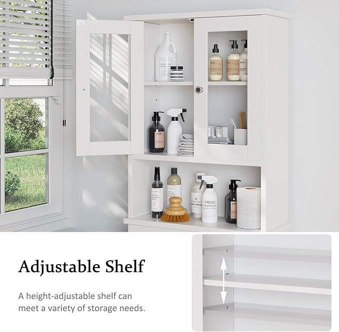 Meilocar Over The Toilet Storage Cabinet, Bathroom Storage Organizer Over Toilet, Space Saver W/Adjustable Shelf & Open Shelf, White