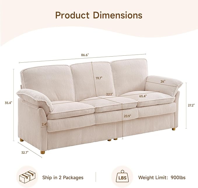 ONBRILL 86.6" Corduroy Couches for Living Room, Comfy 3 Seater Sofa with Pillow-Top Armrest & Dual-Layer Cushions, Mid Century Modern Couch for Bedroom, Apartment, Beige
