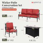 Patio Furniture Set, 4 Pcs Metal Outdoor Conversation Set, 2 Single Chairs and 3 Seater Sofa with 5.75" Extra Thick Cushion and Gas Fire Pit Table for Backyard Deck, Red
