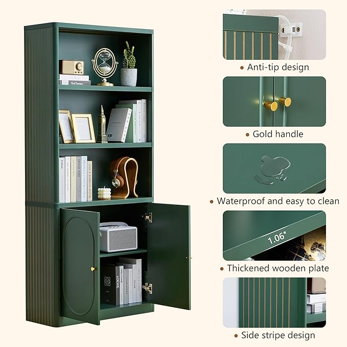 70.8" Tall Fluted Bookshelf with Storage Cabinet, Modern 5-Tier Wood Bookcase with Open Display Storage Shelf, Gold Handles for Office Living Room (Green)