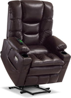 MCombo Large Triple Motor Power Lift Recliner Chair with Massage and Dual Heating, Adjustable Headrest for Tall Elderly People, Faux Leather 7634 (Dark Brown, Large)