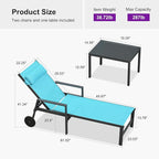PURPLE LEAF Patio Lounge Chair Set of 3 Outdoor Chaise Lounger Aluminum Frame with Armrest Side Table and Wheels for Pool Outside Sunbathing Tanning Recliner Including Pillows Turquoise Blue