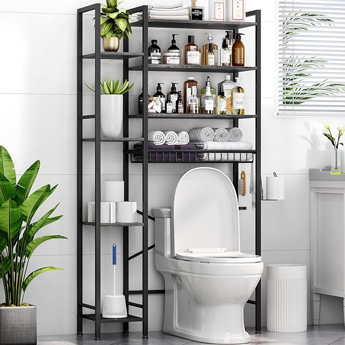 8-Tier Over The Toilet Storage with Side Rack, Over Toilet Storage Rack with Adjustable Shelf & Drain Basket, Freestanding Bathroom Organizer for Balcony, Laundry (Modern Grey)