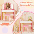 Costzon Kids Vanity, Girls Vanity Set with Mirror and Stool and Lights, Storage Drawer, Princess Toddler Makeup Vanity Desk Dressing Table, Wooden Kids Vanity Table and Chair Set (Pink)
