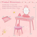 Costzon Kids Vanity, Girls Vanity Set with Mirror and Stool and Lights, Drawer, 2 in 1 Wooden Makeup Vanity Desk Dressing Table, Kids Vanity Table and Chair Set (Pink)