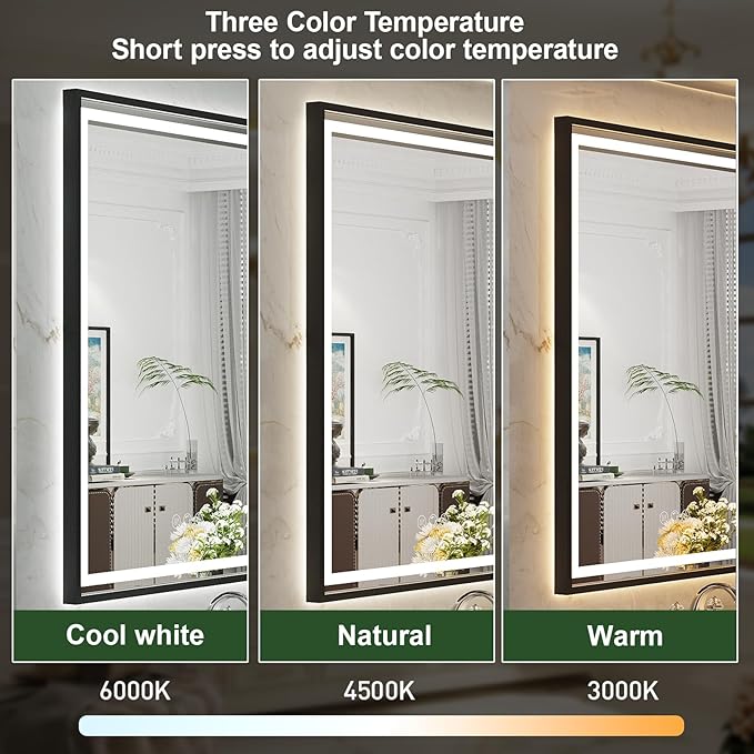 24x36 Inch LED Bathroom Mirror with Lights,Front and Backlit Black Metal Frame Mirror,Wall Mounted Lighted Vanity Mirrors,Double Lights Strips,Anti Fog Stepless Dimmable