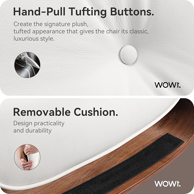 Top White Grain Leather, Mid Century Chaise Lounge Chair and Ottoman, Modern Chair Classic Design, Walnut Wood, Heavy Duty Base Support for Living Room Office