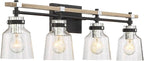 Possini Euro Design Broadway Modern Industrial Wall Light Black Painted Faux Wood Hardwired 32" 4-Light Fixture Clear Seedy Glass Shade for Bedroom Bedside Bathroom Vanity Living Room Hallway House