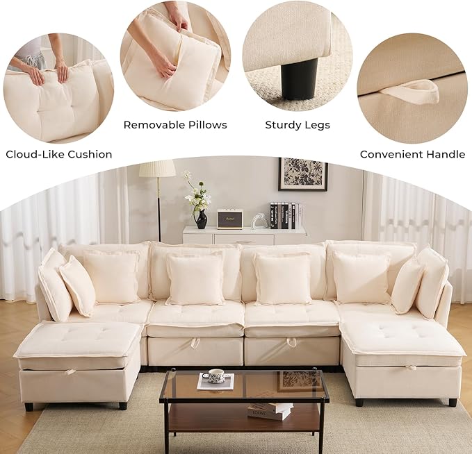 103" Modular Sectional Sofa, L-Shaped Corduroy Comfy Sectional Couches for Living Room, 3-Seater Cloud Couches with 1 Ottoman, Modern Deep Seat Sofa with Large Storage, Beige