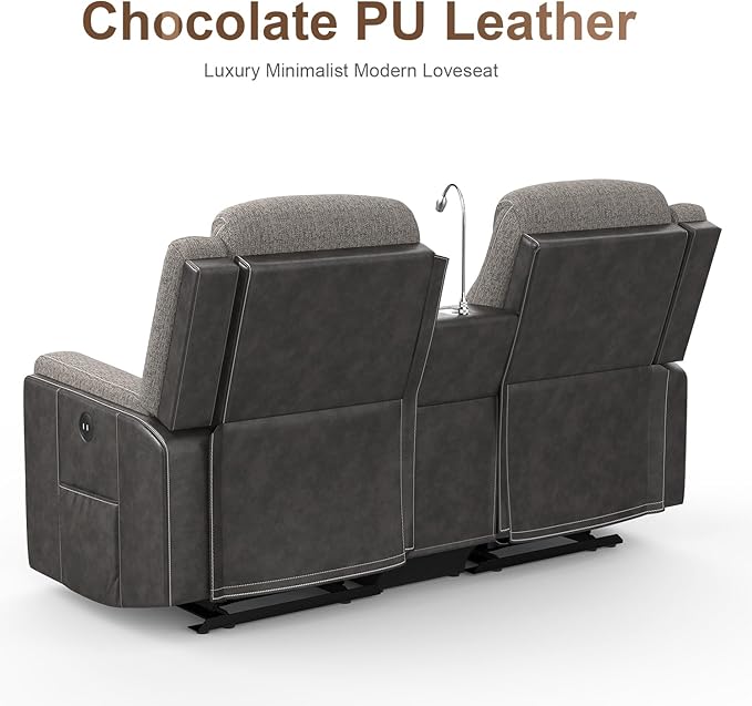Loveseat Recliner Sofa, Manual Double Recliner with Storage Console, Cup Holder, USB Port & Reading Light, Grey Linen & PU Leather Manual Reclining Couch for Living Room, RV/Theater Seating