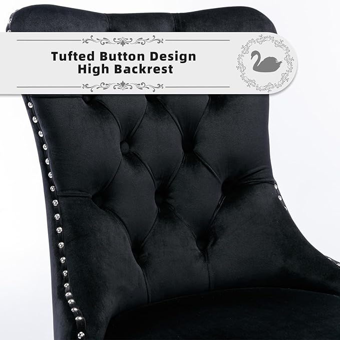 Velvet Upholstered Dining Chairs Set of 8, Modern Style Kitchen Side Chairs with Nailhead Trim and Silver Plated Leg, Metal Pulling Ring for Dining Room Living Room(Black)