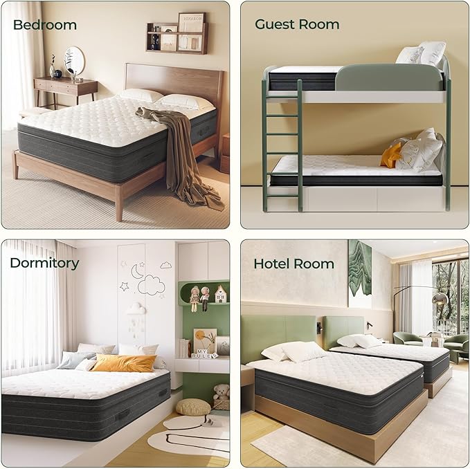 koorlian Queen Mattress 10 Inch - Cooling Hybrid Mattress in a Box for Back Pain Relief - Pocket Spring & Memory Foam | Fiberglass-Free, Medium Firm Feel, CertiPUR-US, 60"×80"×10"