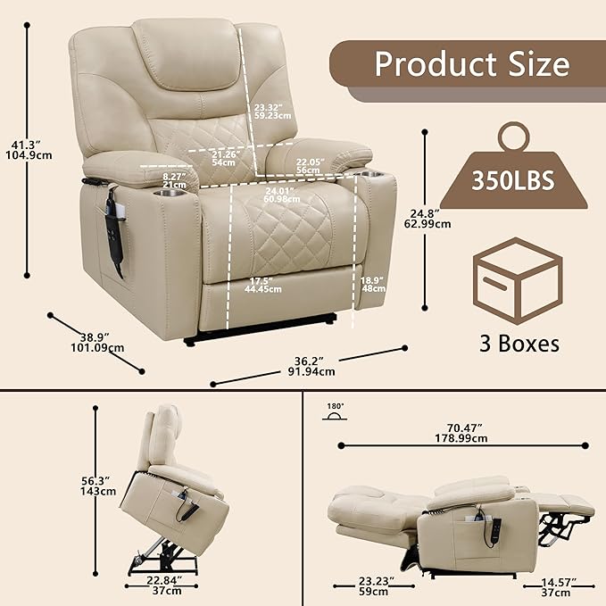 Power Lift Recliner for Seniors: 9988 High Density Foam Lift Chair with Heat and Massage, Reclining to 180, 2 Cup Holders, 2 Remote Controls, Dual OKIN Motors - Breathable Leather Beige