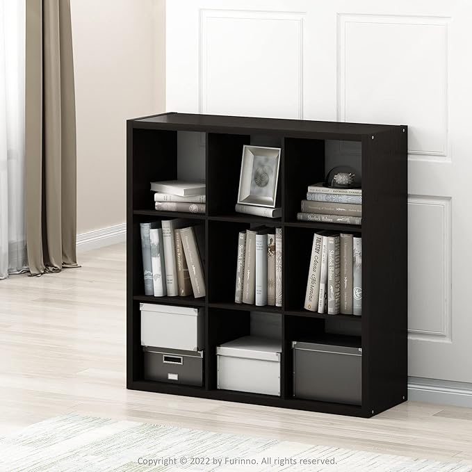Furinno CUBICLE Book Shelf, 9-Cube Thick Frame Bookshelf, Reversible Bookcase with Open Back, 14.6 x 43.8 x 43.8, for Living Room, Bedroom, Home Office, Black Dark Oak