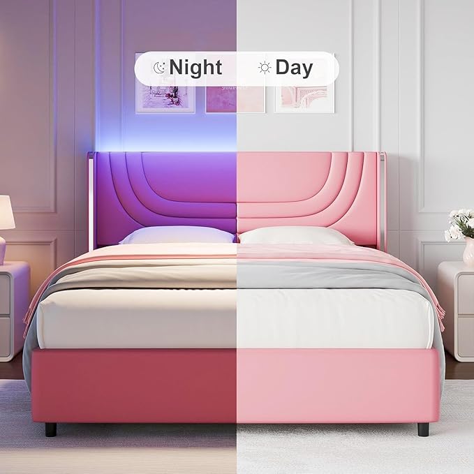 Pink Full Size Bed Frame with LED Lights, Faux Leather Upholstered Platform with Silver Wingback Headboard, Modern Style, No Box Spring Needed, Easy Assembly