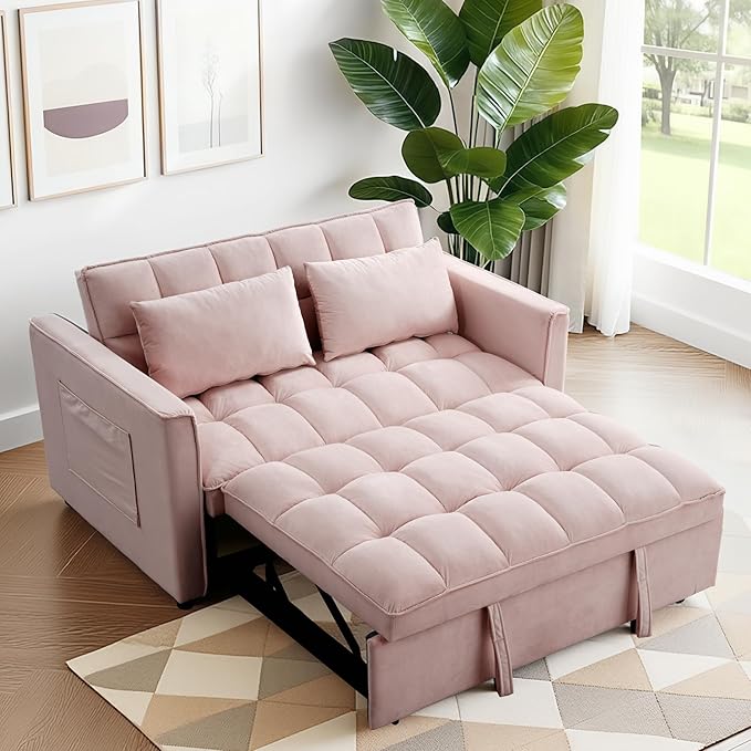 FLEXISPOT XCT4 Pull Out Couch for Small Spaces, 3-in-1 Convertible Loveseat Sofa Bed with Adjustable Backrest, Compact Futon Sofa Bed Twin Sleeper Loveseat for Apartment Dorm RV Guest Room,Pink