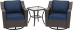 3 Pieces Patio Conversation Furniture Set - 2 Swivel Chairs, 1 Side Table, Outdoor Wicker Rocking Glider Armchairs with Washable and Water-Resistant Cushions for Balcony, (Navy Blue)