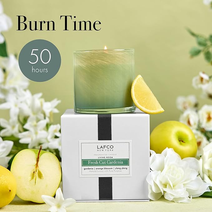 LAFCO New York Classic Candle, Fresh Cut Gardenia - 6.5 oz - 50-Hour Burn Time - Reusable, Hand Blown Glass Vessel - Made in The USA