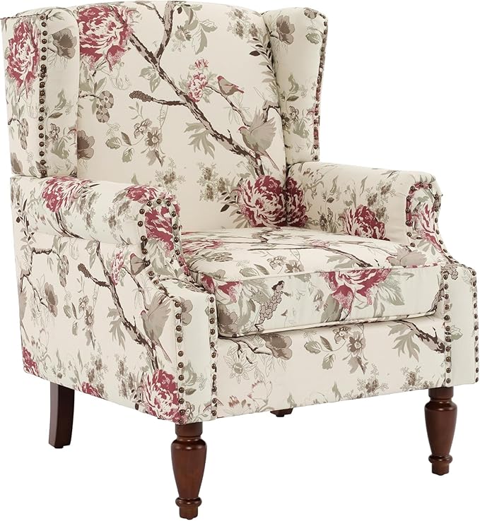 UIXE High Back Accent Chair, Fabric Upholstered Armchair for Living Room, Floral Printed Wingback Arm Chair with Solid Wood Legs, Retro Nailhead Trim Single Sofa Bedroom Reading Seat - Beige
